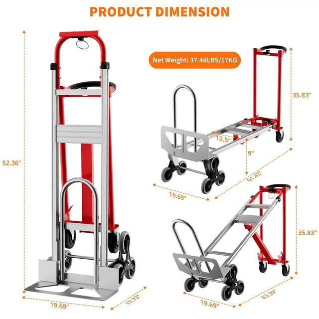 Alt view image 5 of 6 - 3 in 1 Convertible Aluminum Hand Truck Dolly Cart, 800Lbs Capacity, Stair Climbing Utility Trolley Platform Cart for Transport and Moving in Home, Office, Warehouse, Supermarket, Red+Silver
