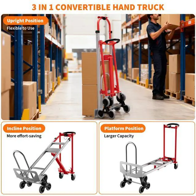 Alt view image 6 of 6 - 3 in 1 Convertible Aluminum Hand Truck Dolly Cart, 800Lbs Capacity, Stair Climbing Utility Trolley Platform Cart for Transport and Moving in Home, Office, Warehouse, Supermarket, Red+Silver