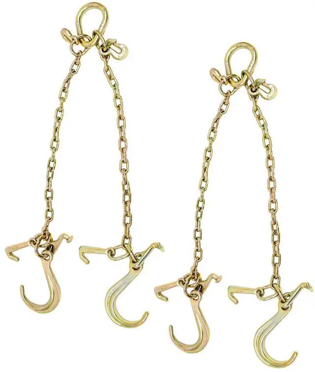 Main image of (2 Pack) 5/16'' x 3' G70 V-Chain Bridle w/ 8" Medium J Hooks, T- Hook & J-Hook w/Grab Hooks 3' Legs 4700 lbs WLL