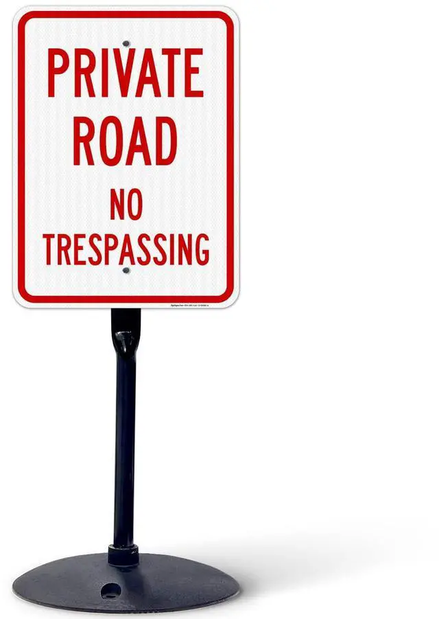 Main image of Private Road No Trespassing Sign, (SI-65099) | 18x24 3M EGP Reflective Stand Set w/Post & Iron Base USA Made