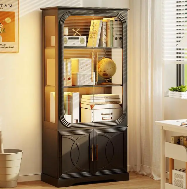 Main image of Display Curio Cabinet with Glass Doors, 69 in Tall Bookcase with LED Lights, Storage Cabinet|Kitchen Pantry Cabinet, 5 Tier Glass Display Case for Living Room, Home Office, Black