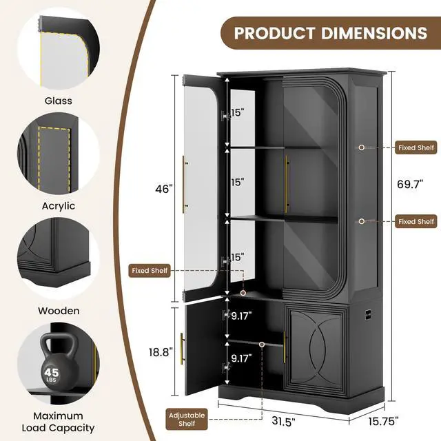 Alt view image 2 of 6 - Display Curio Cabinet with Glass Doors, 69 in Tall Bookcase with LED Lights, Storage Cabinet|Kitchen Pantry Cabinet, 5 Tier Glass Display Case for Living Room, Home Office, Black