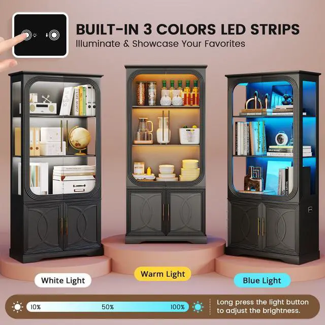 Alt view image 3 of 6 - Display Curio Cabinet with Glass Doors, 69 in Tall Bookcase with LED Lights, Storage Cabinet|Kitchen Pantry Cabinet, 5 Tier Glass Display Case for Living Room, Home Office, Black