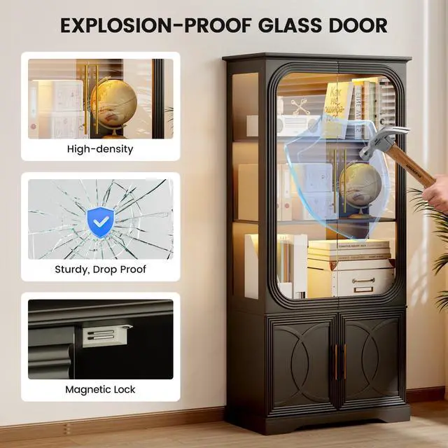Alt view image 5 of 6 - Display Curio Cabinet with Glass Doors, 69 in Tall Bookcase with LED Lights, Storage Cabinet|Kitchen Pantry Cabinet, 5 Tier Glass Display Case for Living Room, Home Office, Black