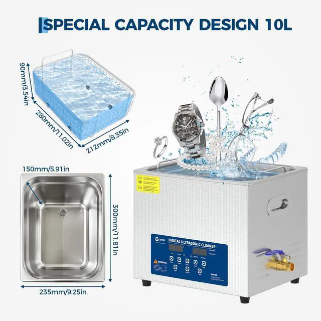 Alt view image 3 of 6 - 10L Ultrasonic Cleaner with Heated Function, Digital Timer & Stainless Steel Tank, Industrial Ultrasonic Cleaning Machine for Auto Parts, Jewelry, Glasses, Circuit Boards