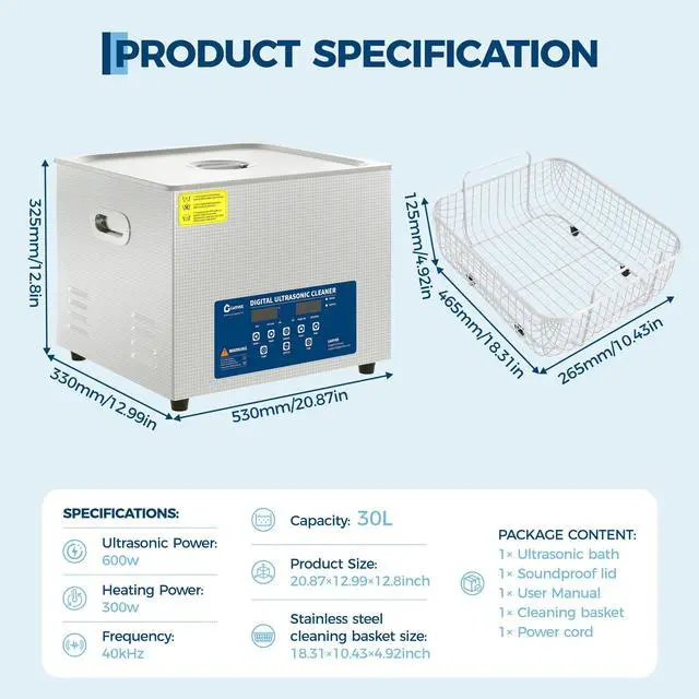 Alt view image 2 of 6 - 7.9 Gal (30L) Commercial Ultrasonic Cleaner, 42kHz Stainless Steel Machine with Digital Timer, Heater & 3 Modes Ideal for Wrenches, Screwdrivers, Repair Tools, Industrial Parts, Metal Cleaning