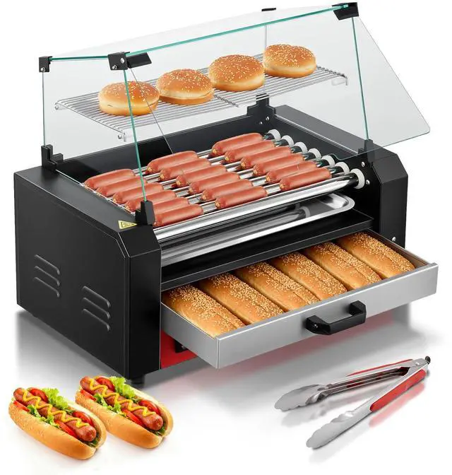 Main image of Hot Dog Roller with Bun Warmer, 7 Rollers 18-24 Hot Dogs Capacity, 1250W Stainless Steel Hot Dog Machine with Dust Cover, 3 Temp Control, Removable Oil Drip Tray, for Home & Commercial