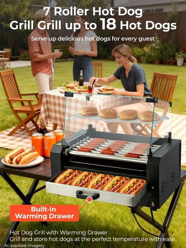 Alt view image 2 of 6 - Hot Dog Roller with Bun Warmer, 7 Rollers 18-24 Hot Dogs Capacity, 1250W Stainless Steel Hot Dog Machine with Dust Cover, 3 Temp Control, Removable Oil Drip Tray, for Home & Commercial