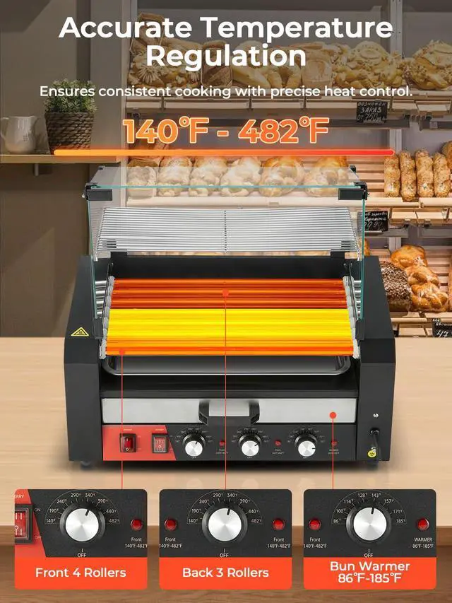 Alt view image 3 of 6 - Hot Dog Roller with Bun Warmer, 7 Rollers 18-24 Hot Dogs Capacity, 1250W Stainless Steel Hot Dog Machine with Dust Cover, 3 Temp Control, Removable Oil Drip Tray, for Home & Commercial