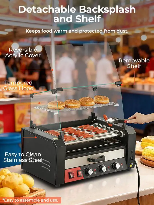 Alt view image 4 of 6 - Hot Dog Roller with Bun Warmer, 7 Rollers 18-24 Hot Dogs Capacity, 1250W Stainless Steel Hot Dog Machine with Dust Cover, 3 Temp Control, Removable Oil Drip Tray, for Home & Commercial