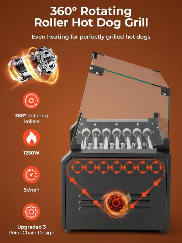 Alt view image 5 of 6 - Hot Dog Roller with Bun Warmer, 7 Rollers 18-24 Hot Dogs Capacity, 1250W Stainless Steel Hot Dog Machine with Dust Cover, 3 Temp Control, Removable Oil Drip Tray, for Home & Commercial