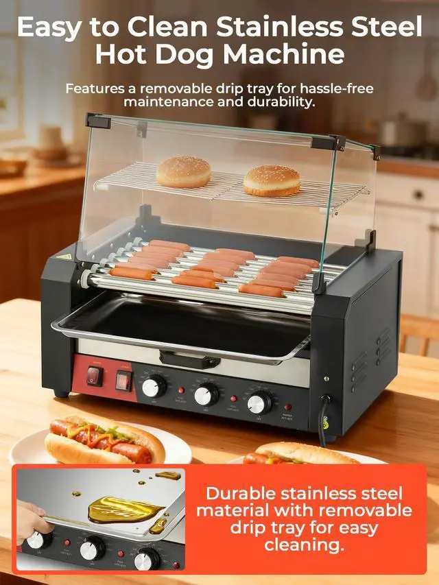 Alt view image 6 of 6 - Hot Dog Roller with Bun Warmer, 7 Rollers 18-24 Hot Dogs Capacity, 1250W Stainless Steel Hot Dog Machine with Dust Cover, 3 Temp Control, Removable Oil Drip Tray, for Home & Commercial