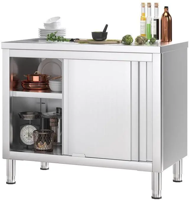 Main image of Stainless Steel Work Table with Cabinet 39"x20",Commercial Kitchen Workbench with Sliding Doors for Prep Work, Heavy Duty Prep Table for Restaurant,Garage,Warehouse