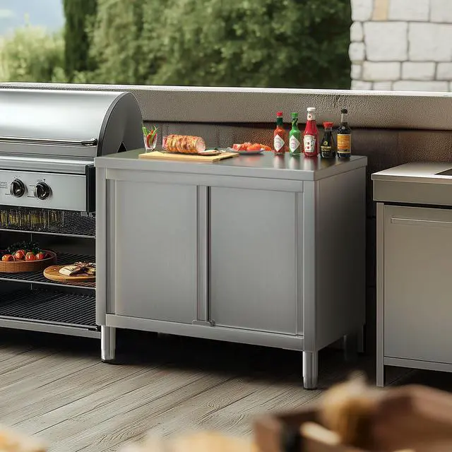 Alt view image 2 of 6 - Stainless Steel Work Table with Cabinet 39"x20",Commercial Kitchen Workbench with Sliding Doors for Prep Work, Heavy Duty Prep Table for Restaurant,Garage,Warehouse