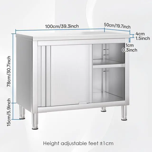 Alt view image 3 of 6 - Stainless Steel Work Table with Cabinet 39"x20",Commercial Kitchen Workbench with Sliding Doors for Prep Work, Heavy Duty Prep Table for Restaurant,Garage,Warehouse