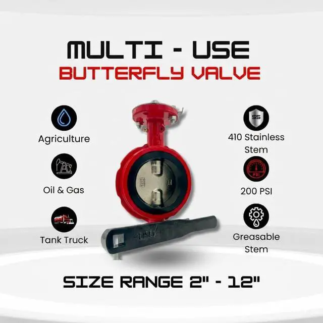 Alt view image 4 of 6 - 6" Butterfly Valve, Wafer, 200 Psi, Ductile Iron Body, Square Stem 5/8"