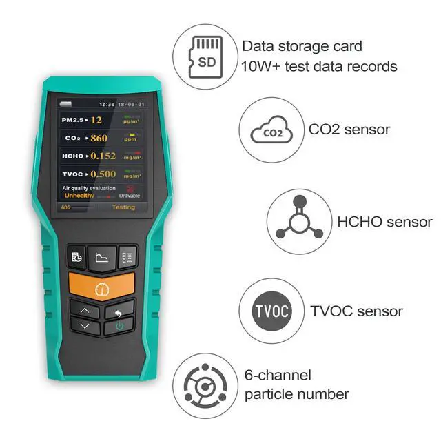 Alt view image 3 of 6 - Smart Air Quality Monitor Indoor 12-in-1 CO2 Meter Dust PM1.0 PM2.5 PM10 Particles TVOC Detector HCHO Tester with Data Logger for Home AQI Test (128S)