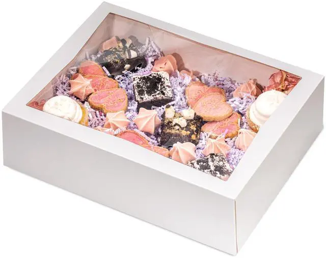 Main image of 100 Pack 14 x 10 x 4 Inches White Bakery Boxes with Window, Auto-Popup Cardboard Gift Packaging and Baking Containers, Cupcake, Cookie and Loaf Bread Boxes
