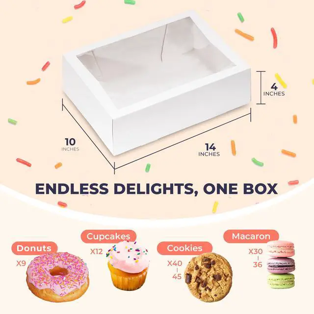 Alt view image 2 of 6 - 100 Pack 14 x 10 x 4 Inches White Bakery Boxes with Window, Auto-Popup Cardboard Gift Packaging and Baking Containers, Cupcake, Cookie and Loaf Bread Boxes