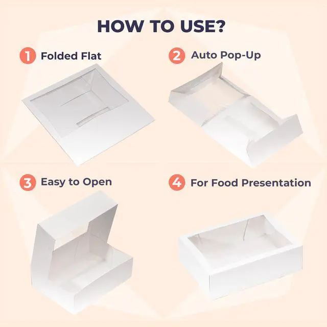 Alt view image 3 of 6 - 100 Pack 14 x 10 x 4 Inches White Bakery Boxes with Window, Auto-Popup Cardboard Gift Packaging and Baking Containers, Cupcake, Cookie and Loaf Bread Boxes
