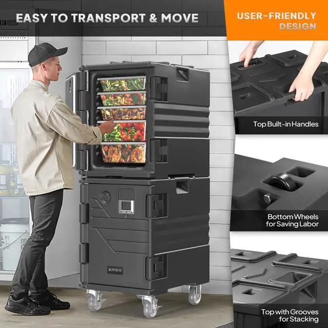 Alt view image 5 of 6 - Hot Box Food Warmer, Insulated Food Pan Carrier w/Lockable Wheels Double Buckles and Handles, Stackable Hot Boxes for Catering Restaurant Canteen Family Party