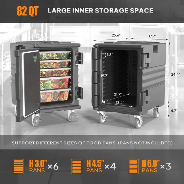 Alt view image 6 of 6 - Hot Box Food Warmer, Insulated Food Pan Carrier w/Lockable Wheels Double Buckles and Handles, Stackable Hot Boxes for Catering Restaurant Canteen Family Party