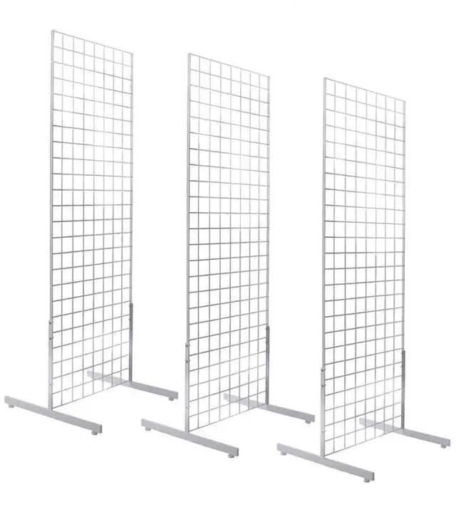 Main image of 2' x 6' Grid Wall Panel Floorstanding Display Fixture with Deluxe T-Style Base, Black or White. Three-Pack Combo. (WHITE)
