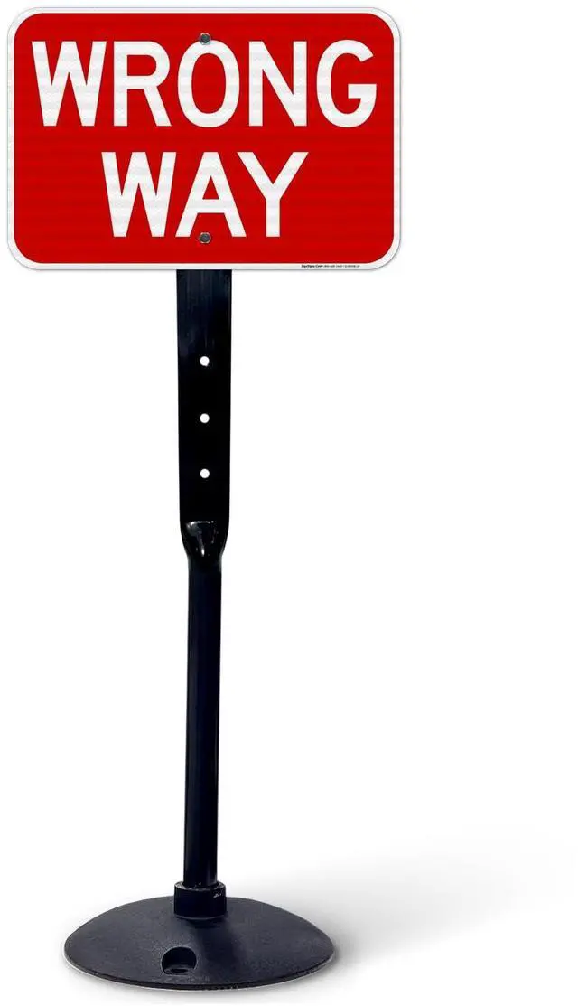 Main image of Wrong Way Sign, 12x18 Inches, 3M EGP Reflective with Post & Cast Iron Base Stand Set Made in USA by
