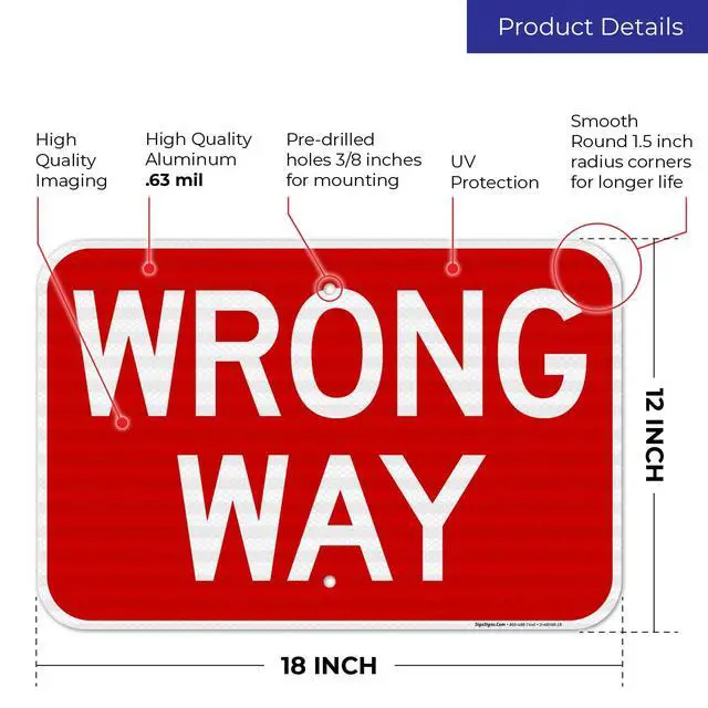 Alt view image 3 of 6 - Wrong Way Sign, 12x18 Inches, 3M EGP Reflective with Post & Cast Iron Base Stand Set Made in USA by