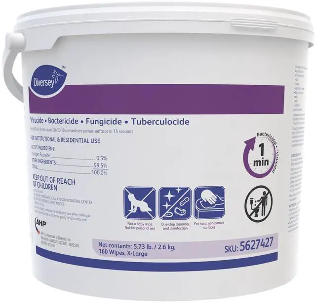 Main image of Diversey 5627427 Tb Disinfectant XL Wipes, Accelerated Hydrogen Peroxide Based Cleaner Disinfectant, Ready-to-Use, Unscented, 160-Wipes, 1 Bucket (Pack of 4)