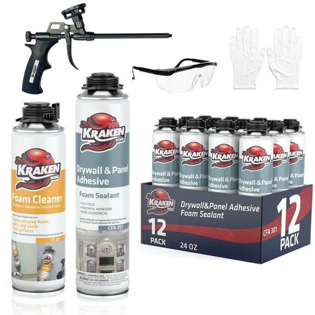 Main image of Drywall & Panel Adhesive Foam - (12x24oz) Heavy-Duty, Fast-Curing Construction Adhesive for Concrete, Wood, and Heat Insulation Applications - Gun&Gun Cleaner Set