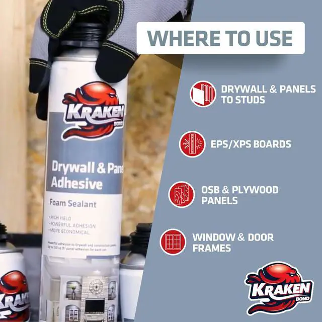 Alt view image 2 of 5 - Drywall & Panel Adhesive Foam - (12x24oz) Heavy-Duty, Fast-Curing Construction Adhesive for Concrete, Wood, and Heat Insulation Applications - Gun&Gun Cleaner Set