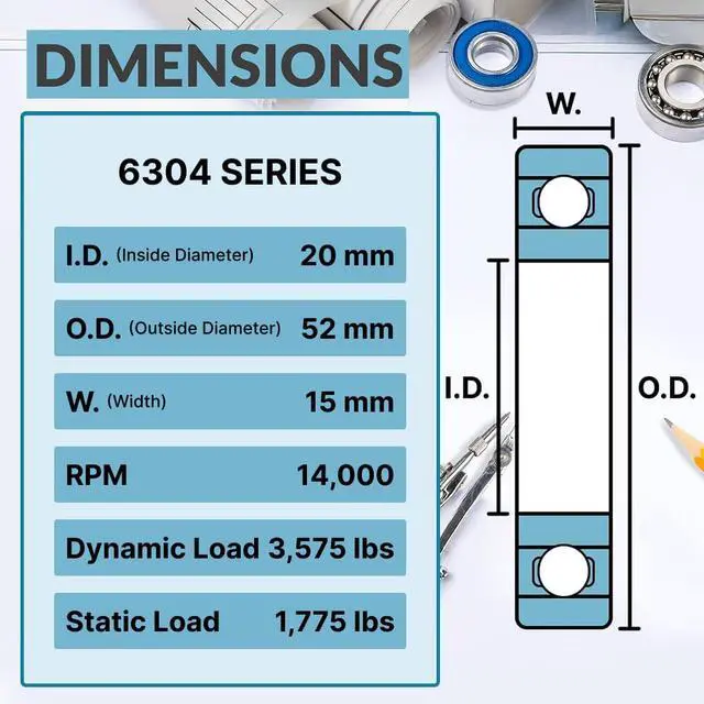 Alt view image 3 of 6 - PGN (100 Pack) 6304-2RS Bearing - Lubricated Chrome Steel Sealed Ball Bearing - 20x52x15mm Bearings with Rubber Seal & High RPM Support