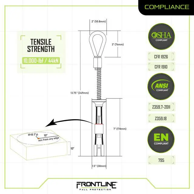 Alt view image 6 of 6 - Frontline COB110K Reusable 10K Concrete Anchor Bolt | Removable Trigger Anchor | ANSI, OSHA & EN Compliant | Built Tough, Rugged and Corrosion Resistant