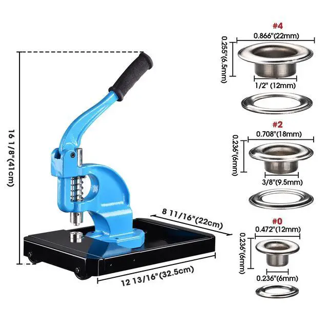 Alt view image 2 of 6 - 1/4" 3/8" 1/2" Grommet Tool Kit Size #0#2#4 3-die Grommet Press Machine with Rolling Base 900 Sets of Grommets and Washers for Fabric Canvas Tarps Banners Labels Prints