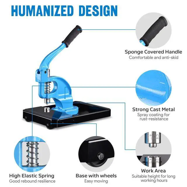 Alt view image 4 of 6 - 1/4" 3/8" 1/2" Grommet Tool Kit Size #0#2#4 3-die Grommet Press Machine with Rolling Base 900 Sets of Grommets and Washers for Fabric Canvas Tarps Banners Labels Prints