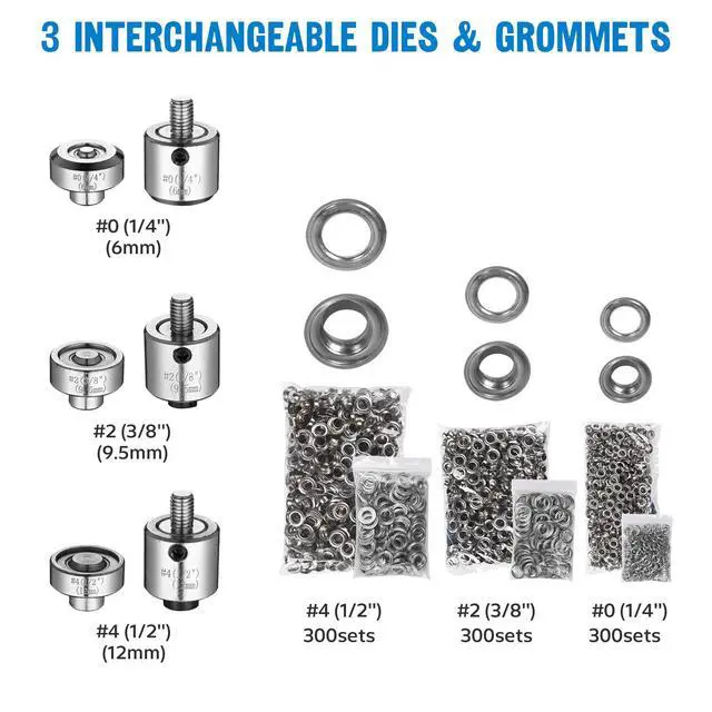 Alt view image 5 of 6 - 1/4" 3/8" 1/2" Grommet Tool Kit Size #0#2#4 3-die Grommet Press Machine with Rolling Base 900 Sets of Grommets and Washers for Fabric Canvas Tarps Banners Labels Prints