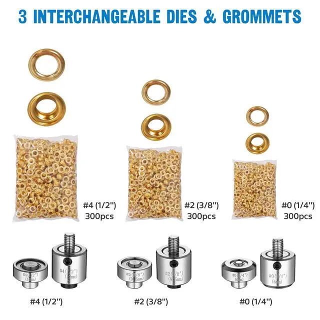 Alt view image 5 of 6 - Grommet Tool Kit 1/2" 3/8" 1/4" 900 Set of Eyelets and Washers 3-die Hand Press Grommet Machine with Rolling Base for Fabric Tarps Banners Prints YES0389