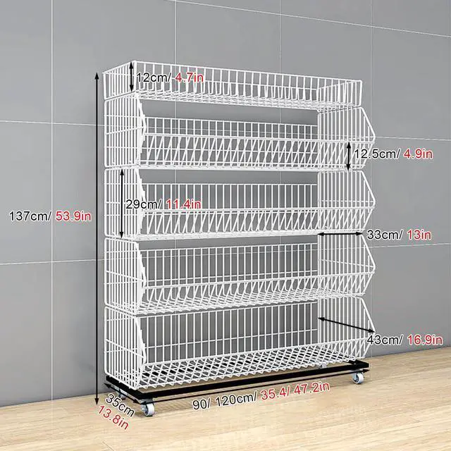 Alt view image 4 of 6 - Commercial Supermarket Display Cart - 5-Tier Industrial Slanted Rolling Shelves Metal Storage Rack for Retail Store, Warehouse & Home Use, 110LBs/Tier Tool-Free Setup