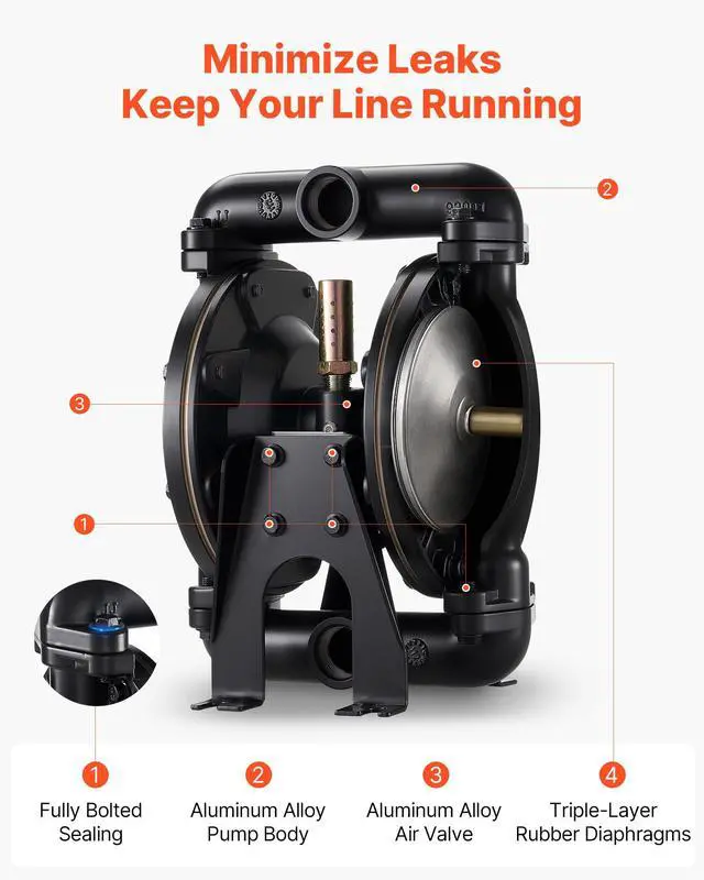 Alt view image 2 of 6 - Air Operated Double Diaphragm Pump, 35 GPM, 1 inch Inlet & Outlet Pneumatic Waste Oil Transfer Pump, Max 114 PSI, Aluminum Alloy Body, Air-Operated for Diesel, Grease, Kerosene, Gasoline & Oil