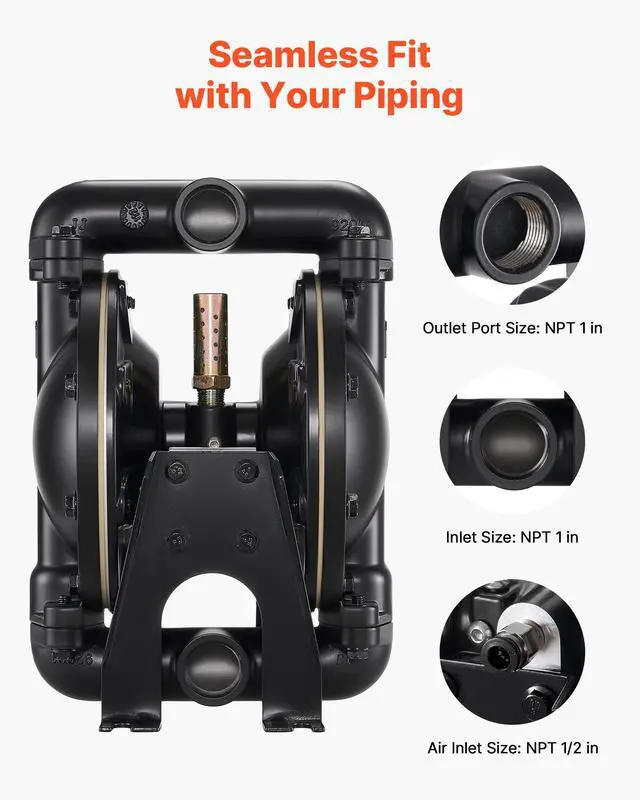 Alt view image 5 of 6 - Air Operated Double Diaphragm Pump, 35 GPM, 1 inch Inlet & Outlet Pneumatic Waste Oil Transfer Pump, Max 114 PSI, Aluminum Alloy Body, Air-Operated for Diesel, Grease, Kerosene, Gasoline & Oil