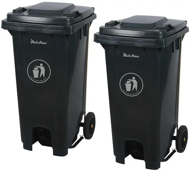 Main image of 32 Gallon Step-On Large Outdoor Trash Can with Lid and Wheels - Outside Plastic Rolling Garbage Can - Rollout Commercial Heavy-Duty Container Barrel, Gray 2 Pack