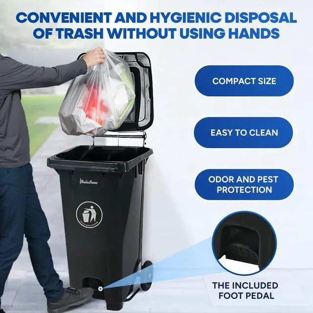 Alt view image 4 of 6 - 32 Gallon Step-On Large Outdoor Trash Can with Lid and Wheels - Outside Plastic Rolling Garbage Can - Rollout Commercial Heavy-Duty Container Barrel, Gray 2 Pack