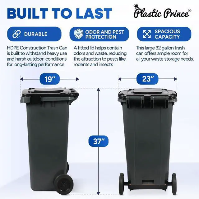 Alt view image 5 of 6 - 32 Gallon Step-On Large Outdoor Trash Can with Lid and Wheels - Outside Plastic Rolling Garbage Can - Rollout Commercial Heavy-Duty Container Barrel, Gray 2 Pack