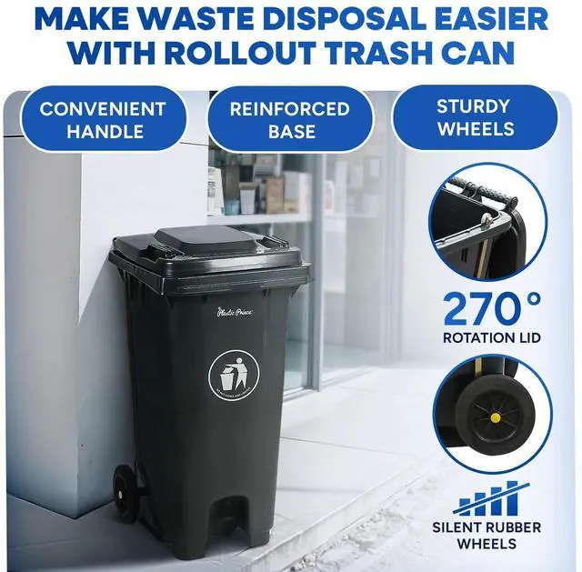 Alt view image 6 of 6 - 32 Gallon Step-On Large Outdoor Trash Can with Lid and Wheels - Outside Plastic Rolling Garbage Can - Rollout Commercial Heavy-Duty Container Barrel, Gray 2 Pack