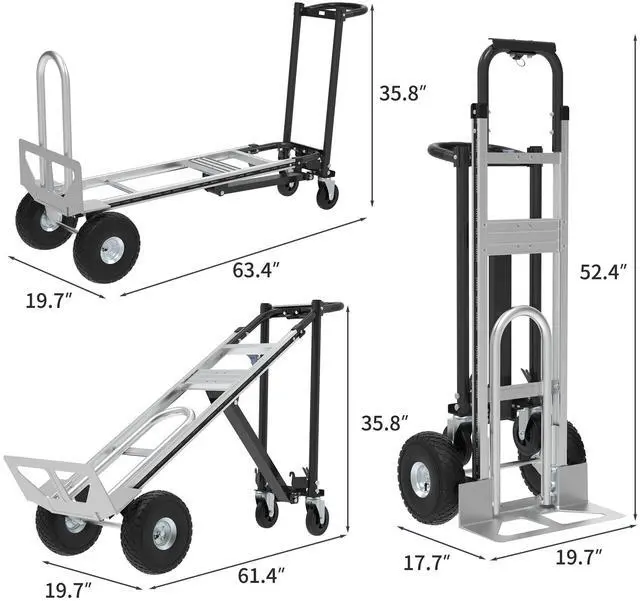 Alt view image 2 of 6 - 3in1 Convertible Hand Truck Dolly Cart, 880 lb Aluminum Hand Trucks Heavy Duty Furniture Appliance Dolly W/10 Wheels,Utility Cart for Transport & Moving Office, Home & Warehouse Use (Silver Black)