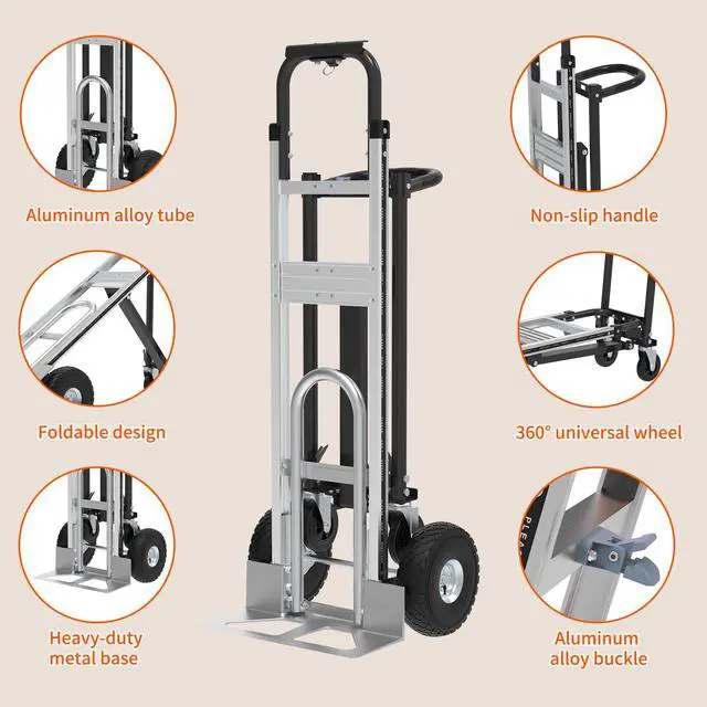 Alt view image 3 of 6 - 3in1 Convertible Hand Truck Dolly Cart, 880 lb Aluminum Hand Trucks Heavy Duty Furniture Appliance Dolly W/10 Wheels,Utility Cart for Transport & Moving Office, Home & Warehouse Use (Silver Black)
