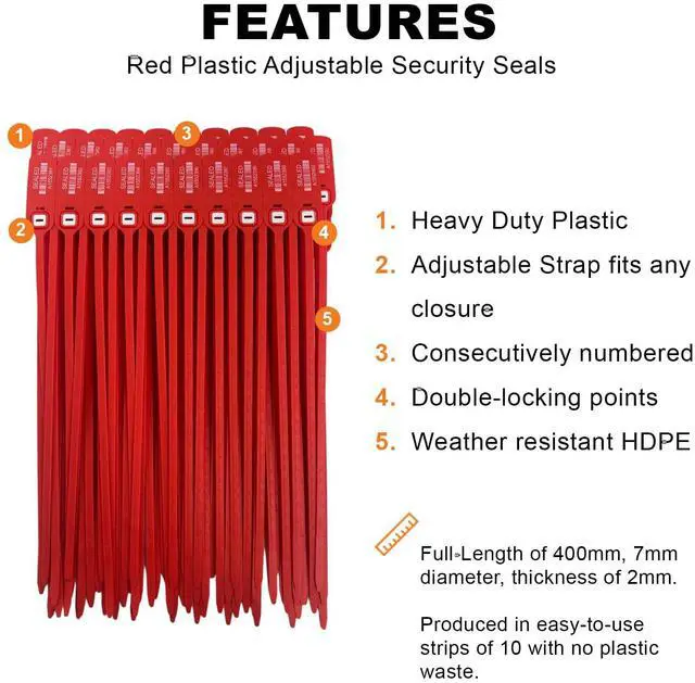 Alt view image 4 of 5 - Red Plastic Security Seals (16") - Large Self Locking Shipping Seal with Print Progressive Numbering Tamper Proof for Trucks, Trailers, Cargo, Containers, Luggage (1000ct)