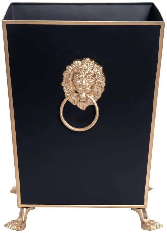 Main image of Decorative Black Bathroom Trash Can No Lid with Gold Trim, Black Metal Trash Can Farmhouse, Waste Basket for Dorm Room, Bedroom, Home Office, Square Waste Bin No Lid, Lion Head Accent