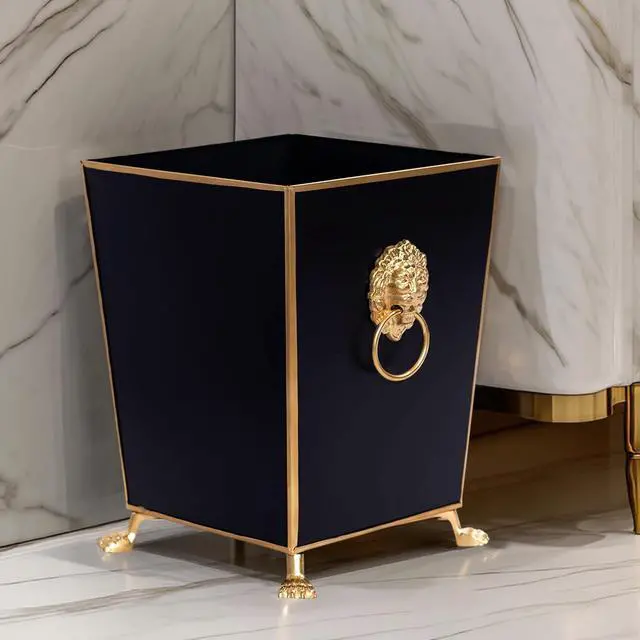 Alt view image 2 of 6 - Decorative Black Bathroom Trash Can No Lid with Gold Trim, Black Metal Trash Can Farmhouse, Waste Basket for Dorm Room, Bedroom, Home Office, Square Waste Bin No Lid, Lion Head Accent